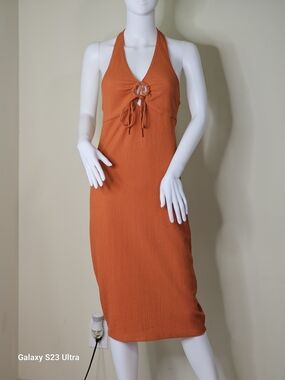 Derek Heart Ribbed Halter Midi Dress in Burnt Orange